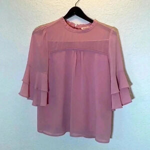 Monteau Pink Ruffle Sleeve Blouse Sheer Chest 3/4 length Sleeves Size M